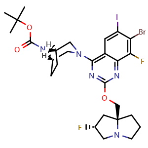 Chemical structure of tert-butyl (1R,5S)-3-(7-bromo-8-fluoro-2-(((2R,7aS)-2-fluorotetrahydro-1H-pyrrolizin-7a(5H)-yl)methoxy)-6-iodoquinazolin-4-yl)-3,8-diazabicyclo[3.2.1]octane-8-carboxylate , AChemBlock AD272208