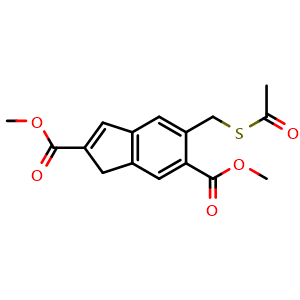 Chemical structure of dimethyl 5-((acetylthio)methyl)-1H-indene-2,6-dicarboxylate , AChemBlock AD272210
