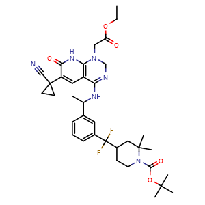 Chemical structure of tert-butyl 4-((3-(1-((6-(1-cyanocyclopropyl)-1-(2-ethoxy-2-oxoethyl)-7-oxo-1,2,7,8-tetrahydropyrido[2,3-d]pyrimidin-4-yl)amino)ethyl)phenyl)difluoromethyl)-2,2-dimethylpiperidine-1-carboxylate , AChemBlock AD272213