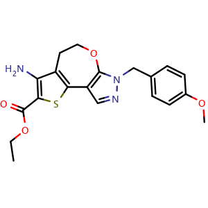 Chemical structure of ethyl 3-amino-7-(4-methoxybenzyl)-4,7-dihydro-5H-thieno[2',3':4,5]oxepino[2,3-c]pyrazole-2-carboxylate , AChemBlock AD272214