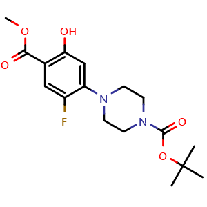 Chemical structure of tert-butyl 4-(2-fluoro-5-hydroxy-4-(methoxycarbonyl)phenyl)piperazine-1-carboxylate , AChemBlock AD272229