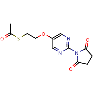Chemical structure of S-(2-((2-(2,5-dioxopyrrolidin-1-yl)pyrimidin-5-yl)oxy)ethyl) ethanethioate , AChemBlock AD272237