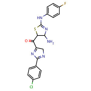 Chemical structure of (4-amino-2-((4-fluorophenyl)amino)-4,5-dihydrothiazol-5-yl)(2-(4-chlorophenyl)-4H-imidazol-5-yl)methanone , AChemBlock AD272244