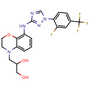 Chemical structure of 3-(8-((1-(2-fluoro-4-(trifluoromethyl)phenyl)-1H-1,2,4-triazol-3-yl)amino)-2,3-dihydro-4H-benzo[b][1,4]oxazin-4-yl)propane-1,2-diol , AChemBlock AD272252