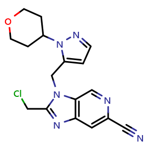 Chemical structure of 2-(chloromethyl)-3-((1-(tetrahydro-2H-pyran-4-yl)-1H-pyrazol-5-yl)methyl)-3H-imidazo[4,5-c]pyridine-6-carbonitrile , AChemBlock AD272253