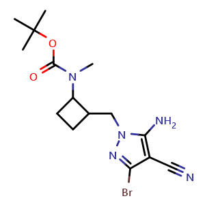Chemical structure of tert-butyl (2-((5-amino-3-bromo-4-cyano-1H-pyrazol-1-yl)methyl)cyclobutyl)(methyl)carbamate , AChemBlock AD272254