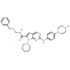 Chemical structure of N-((benzyloxy)methyl)-N-methyl-2-((4-(4-methylpiperazin-1-yl)phenyl)amino)-7-(piperidin-1-yl)-7H-pyrrolo[2,3-d]pyrimidine-6-carboxamide , AChemBlock AD272259