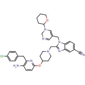 Chemical structure of 2-((4-((5-amino-6-(4-chlorobenzyl)pyridin-2-yl)oxy)piperidin-1-yl)methyl)-1-((1-(tetrahydro-2H-pyran-2-yl)-1,2-dihydropyrimidin-5-yl)methyl)-1H-benzo[d]imidazole-5-carbonitrile , AChemBlock AD272264