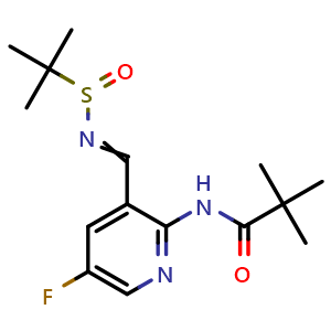 Chemical structure of N-(3-(((tert-butylsulfinyl)imino)methyl)-5-fluoropyridin-2-yl)pivalamide , AChemBlock AD272269