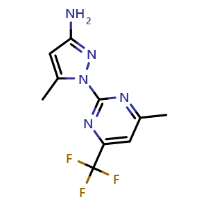 Chemical structure of 5-Methyl-1-(4-methyl-6-(trifluoromethyl)pyrimidin-2-yl)-1H-pyrazol-3-amine , AChemBlock AD272291