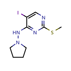 Chemical structure of 5-Iodo-2-(methylthio)-N-(pyrrolidin-1-yl)pyrimidin-4-amine , AChemBlock AD272292