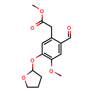 Chemical structure of methyl 2-(2-formyl-4-methoxy-5-((tetrahydrofuran-2-yl)oxy)phenyl)acetate , AChemBlock AD272303