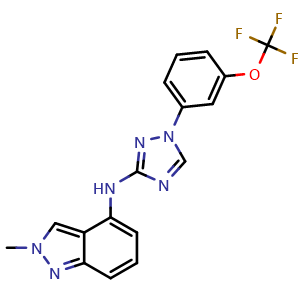 Chemical structure of 2-methyl-N-(1-(3-(trifluoromethoxy)phenyl)-1H-1,2,4-triazol-3-yl)-2H-indazol-4-amine , AChemBlock AD272310