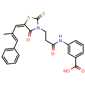 Chemical structure of 3-[(3-{5-[(1E,2E)-2-methyl-3-phenylprop-2-enylidene]-4-oxo-2-thioxo-1,3-thiazol-3-yl}propanoyl)amino]benzoic acid , CAS 307546-17-4, AChemBlock AD272330