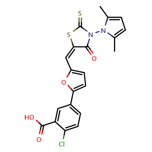 Chemical structure of 2-Chloro-5-(5-{[(5E)-3-(2,5-dimethylpyrrol-1-yl)-4-oxo-2-thioxo-1,3-thiazol-5-ylidene]methyl}-2-furyl)benzoic acid , CAS 591224-33-8, AChemBlock AD272333
