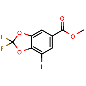 Chemical structure of Methyl 2,2-difluoro-7-iodobenzo[d][1,3]dioxole-5-carboxylate , CAS 1298047-55-8, AChemBlock AD272370