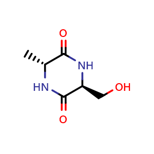 Chemical structure of (3S,6R)-3-(Hydroxymethyl)-6-methylpiperazine-2,5-dione , CAS 1403898-62-3, AChemBlock AD272380