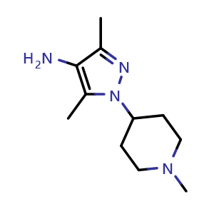 Chemical structure of 3,5-Dimethyl-1-(1-methyl-4-piperidyl)-1H-pyrazol-4-amine , CAS 1515504-72-9, AChemBlock AD272390