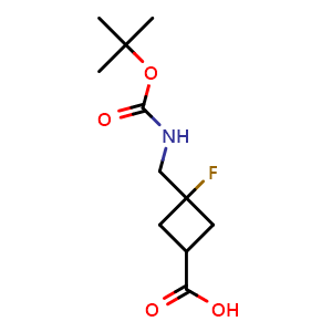 Chemical structure of 3-[(Boc-amino)methyl]-3-fluorocyclobutanecarboxylic acid , CAS 2260936-81-8, AChemBlock AD272439