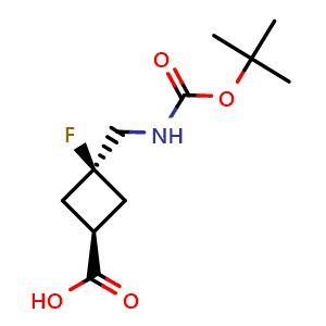 Chemical structure of cis-3-[[[(1,1-Dimethylethoxy)carbonyl]amino]methyl]-3-fluorocyclobutanecarboxylic acid , CAS 2287275-26-5, AChemBlock AD272441
