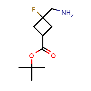 Chemical structure of tert-Butyl 3-(Aminomethyl)-3-fluorocyclobutanecarboxylate , CAS 2408971-46-8, AChemBlock AD272453