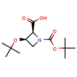 Chemical structure of (2S,3R)-3-(tert-Butoxy)-1-Boc-azetidine-2-carboxylic acid , CAS 2728727-37-3, AChemBlock AD272475
