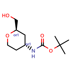 Chemical structure of [trans-4-(Boc-amino)tetrahydro-2H-pyran-2-yl]methanol , CAS 2763945-85-1, AChemBlock AD272482