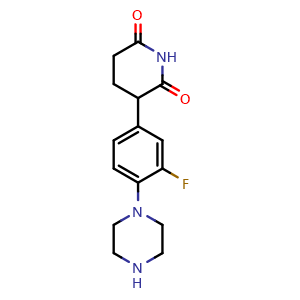 Chemical structure of 3-[3-Fluoro-4-(piperazin-1-yl)phenyl]piperidine-2,6-dione , CAS 2882168-07-0, AChemBlock AD272491