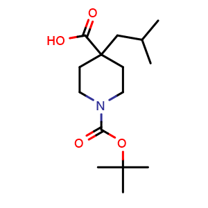 Chemical structure of 1-Boc-4-(2-methylpropyl)-4-piperidinecarboxylic acid , CAS 944142-61-4, AChemBlock AD272623