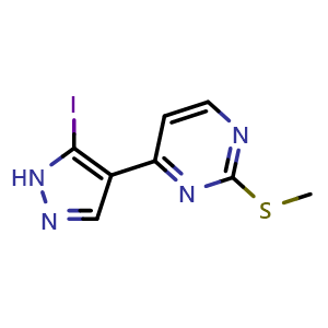 Chemical structure of 4-(5-iodo-1H-pyrazol-4-yl)-2-(methylthio)pyrimidine , CAS 1111638-74-4, AChemBlock AD272638