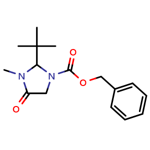 Chemical structure of Benzyl 2-(tert-butyl)-3-methyl-4-oxoimidazolidine-1-carboxylate , CAS 111610-19-6, AChemBlock AD272639
