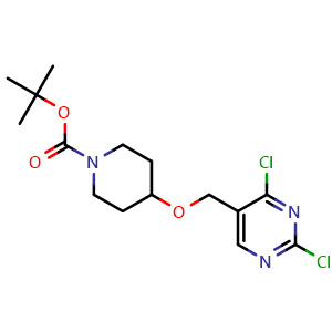 Chemical structure of tert-Butyl 4-((2,4-dichloropyrimidin-5-yl)methoxy)piperidine-1-carboxylate , CAS 1420867-02-2, AChemBlock AD272651
