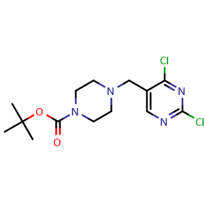 Chemical structure of tert-Butyl 4-((2,4-dichloropyrimidin-5-yl)methyl)piperazine-1-carboxylate , CAS 1420972-79-7, AChemBlock AD272652