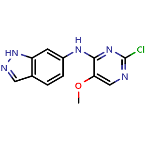 Chemical structure of N-(2-chloro-5-methoxypyrimidin-4-yl)-1H-indazol-6-amine , CAS 1447607-39-7, AChemBlock AD272662