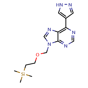 Chemical structure of 6-(1H-pyrazol-4-yl)-9-((2-(trimethylsilyl)ethoxy)methyl)-9H-purine , CAS 2101302-21-8, AChemBlock AD272684