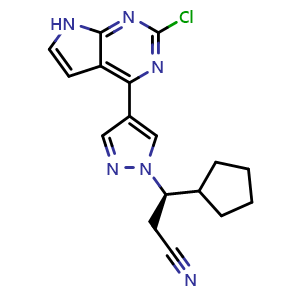 Chemical structure of (R)-3-(4-(2-chloro-7H-pyrrolo[2,3-d]pyrimidin-4-yl)-1H-pyrazol-1-yl)-3-cyclopentylpropanenitrile , CAS 2803825-42-3, AChemBlock AD272692