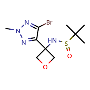 Chemical structure of N-(3-(5-bromo-2-methyl-2H-1,2,3-triazol-4-yl)oxetan-3-yl)-2-methylpropane-2-sulfinamide , CAS 3018164-11-6, AChemBlock AD272694