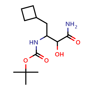 Chemical structure of tert-Butyl (4-amino-1-cyclobutyl-3-hydroxy-4-oxobutan-2-yl)carbamate , CAS 394735-22-9, AChemBlock AD272699
