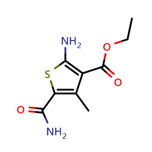 Chemical structure of Ethyl 2-amino-5-carbamoyl-4-methylthiophene-3-carboxylate , CAS 43028-63-3, AChemBlock AD272704