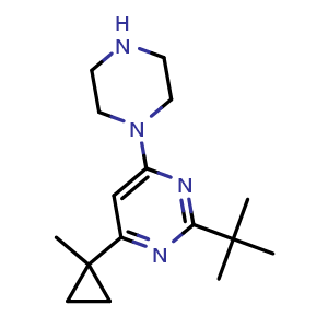 Chemical structure of 2-(tert-Butyl)-4-(1-methylcyclopropyl)-6-(piperazin-1-yl)pyrimidine , CAS 876028-69-2, AChemBlock AD272725
