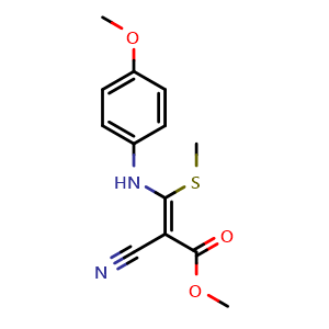 Chemical structure of Methyl (Z)-2-cyano-3-((4-methoxyphenyl)amino)-3-(methylthio)acrylate , CAS 91807-27-1, AChemBlock AD272729