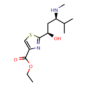 Chemical structure of Ethyl 2-((1R,3R)-1-hydroxy-4-methyl-3-(methylamino)pentyl)thiazole-4-carboxylate , CAS 1032072-41-5, AChemBlock AD272736