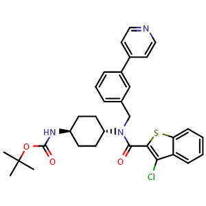 Chemical structure of rel-tert-butyl ((1r,4r)-4-(3-chloro-N-(3-(pyridin-4-yl)benzyl)benzo[b]thiophene-2-carboxamido)cyclohexyl)carbamate , CAS 1060978-00-8, AChemBlock AD272744