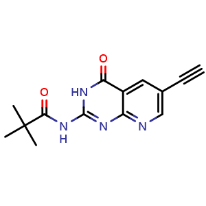 Chemical structure of N-(6-Ethynyl-4-oxo-3,4-dihydropyrido[2,3-d]pyrimidin-2-yl)pivalamide , CAS 116387-25-8, AChemBlock AD272750
