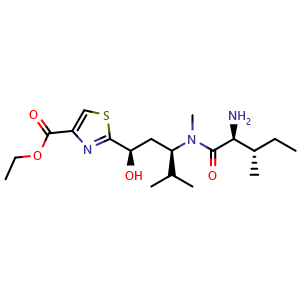 Chemical structure of Ethyl 2-((1R,3R)-3-((2S,3S)-2-amino-N,3-dimethylpentanamido)-1-hydroxy-4-methylpentyl)thiazole-4-carboxylate , CAS 1193888-66-2, AChemBlock AD272756