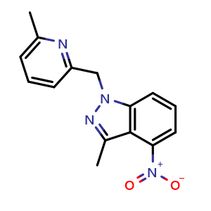 Chemical structure of 3-Methyl-1-((6-methylpyridin-2-yl)methyl)-4-nitro-1H-indazole , CAS 1313409-01-6, AChemBlock AD272773