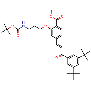 Chemical structure of Methyl (E)-2-(3-((tert-butoxycarbonyl)amino)propoxy)-4-(3-(3,5-di-tert-butylphenyl)-3-oxoprop-1-en-1-yl)benzoate , CAS 1351169-36-2, AChemBlock AD272779