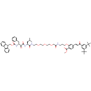 Chemical structure of Methyl 2-(((5R,6S,9S)-5-benzyl-1-(9H-fluoren-9-yl)-6-hydroxy-9-isobutyl-3,7,10,22-tetraoxo-2,14,17,20-tetraoxa-4,8,11,23-tetraazahexacosan-26-yl)oxy)-4-((E)-3-(3,5-di-tert-butylphenyl)-3-oxoprop-1-en-1-yl)benzoate , CAS 1351169-42-0, AChemBlock AD272780