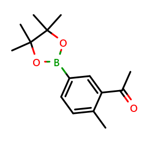 Chemical structure of 1-(2-Methyl-5-(4,4,5,5-tetramethyl-1,3,2-dioxaborolan-2-yl)phenyl)ethan-1-one , CAS 1417036-30-6, AChemBlock AD272795