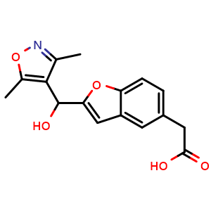 Chemical structure of 2-(2-((3,5-Dimethylisoxazol-4-yl)(hydroxy)methyl)benzofuran-5-yl)acetic acid , CAS 1421949-06-5, AChemBlock AD272797